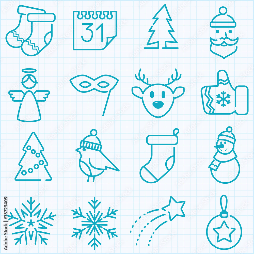 Thin line winter and Christmas time icons set
