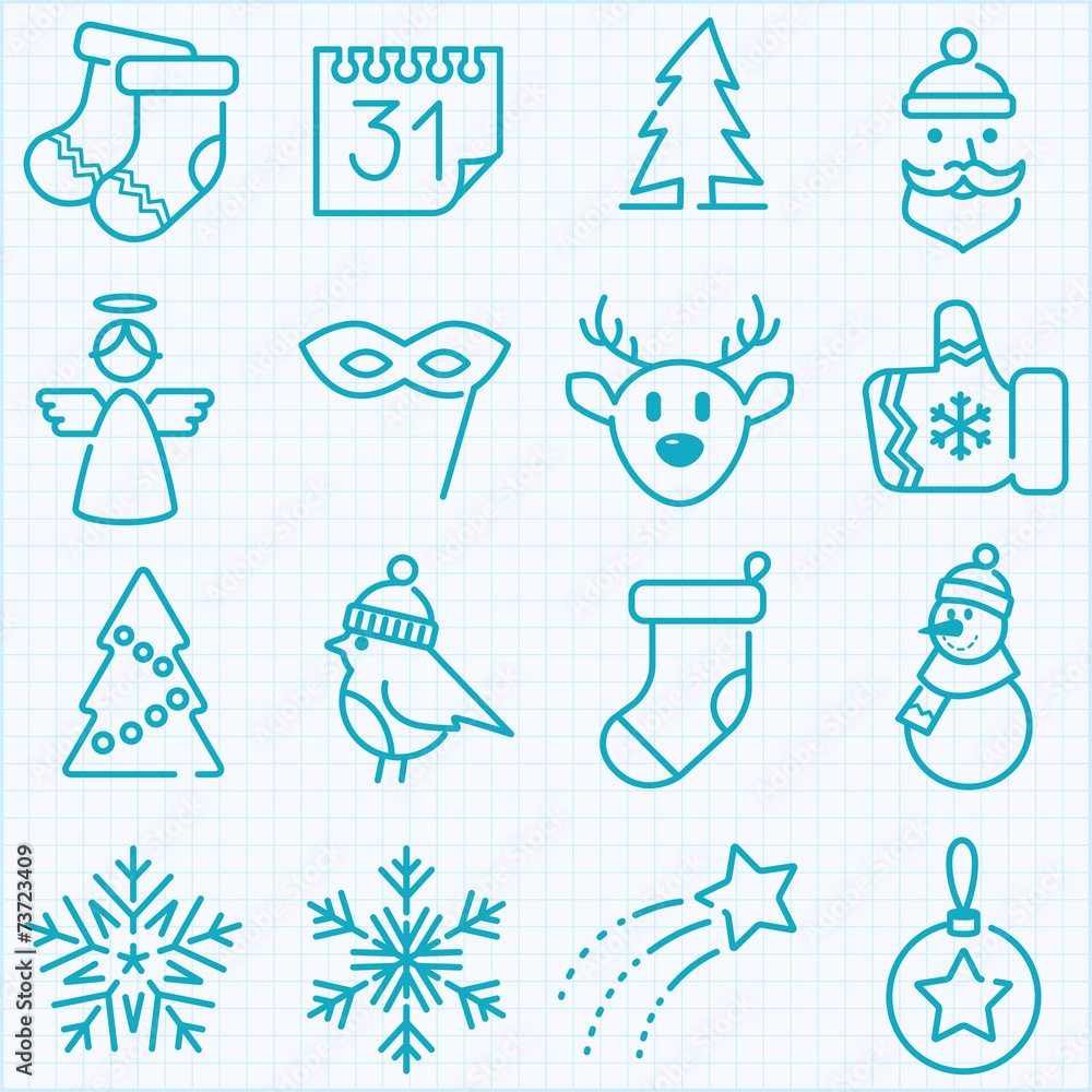 Fototapeta premium Thin line winter and Christmas time icons set