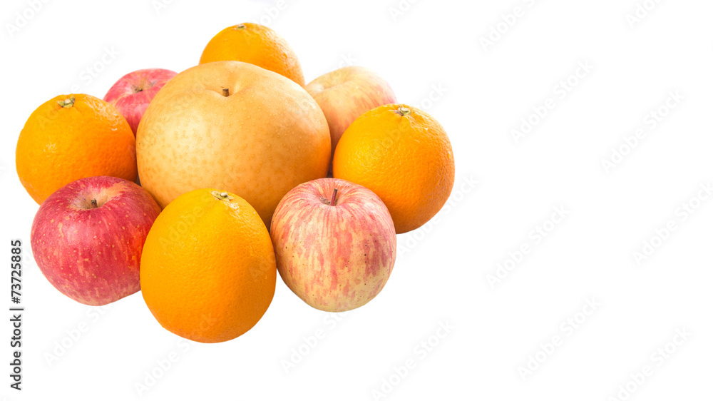 Gala apples, Nashi Asian pears and oranges over white background Gala apples, Nashi Asian pears and oranges over white background