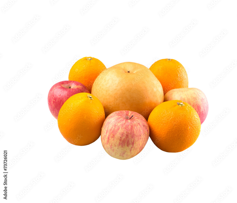 Gala apples, Nashi Asian pears and oranges over white background Gala apples, Nashi Asian pears and oranges over white background