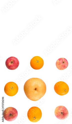 Gala apples, Nashi Asian pears and oranges over white background © akulamatiau