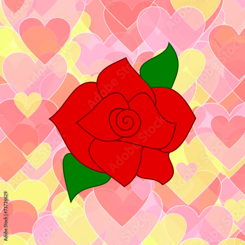 Rote Rose auf Hintergrund aus rosa und gelben Herzen