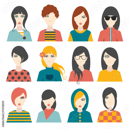 Woman avatar pictures. Flat portrait. Vector.