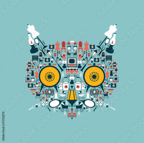 Cat head made from retro icons. Stylized animal shape.