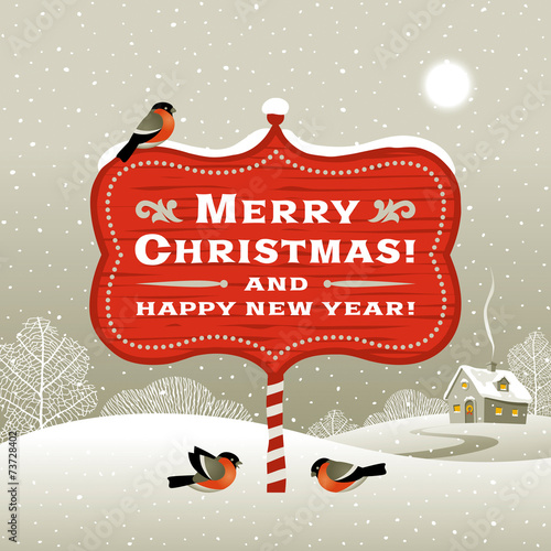 Christmas signboard and winter landscape