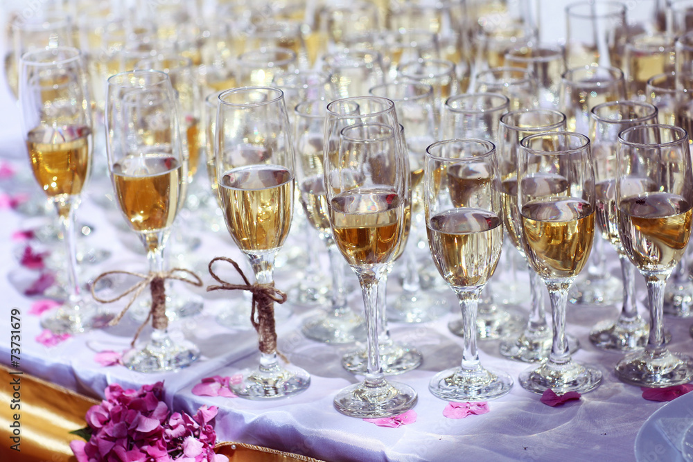 Many glasses of wine on table or champagne wedding event Many glasses of wine on table or champagne wedding event