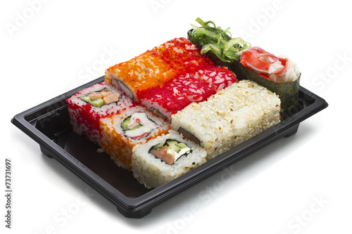 Set of sushi in black plastic box