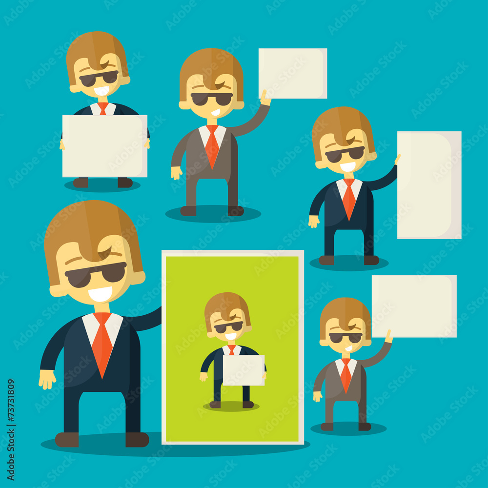 businessman holding blank notes characters poses