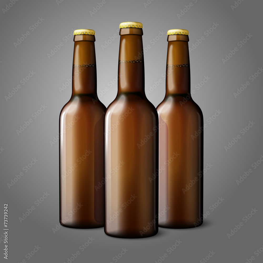 Three blank brown realistic beer bottles isolated on grey Three blank brown realistic beer bottles isolated on grey