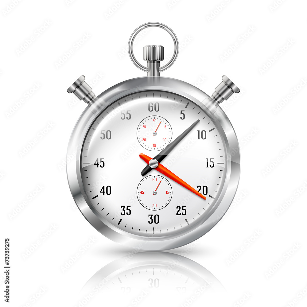 Silver bright stopwatch clock with reflection, isolated on white Silver bright stopwatch clock with reflection, isolated on white