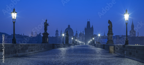 blue twilight on Karluv bridge in Prague
