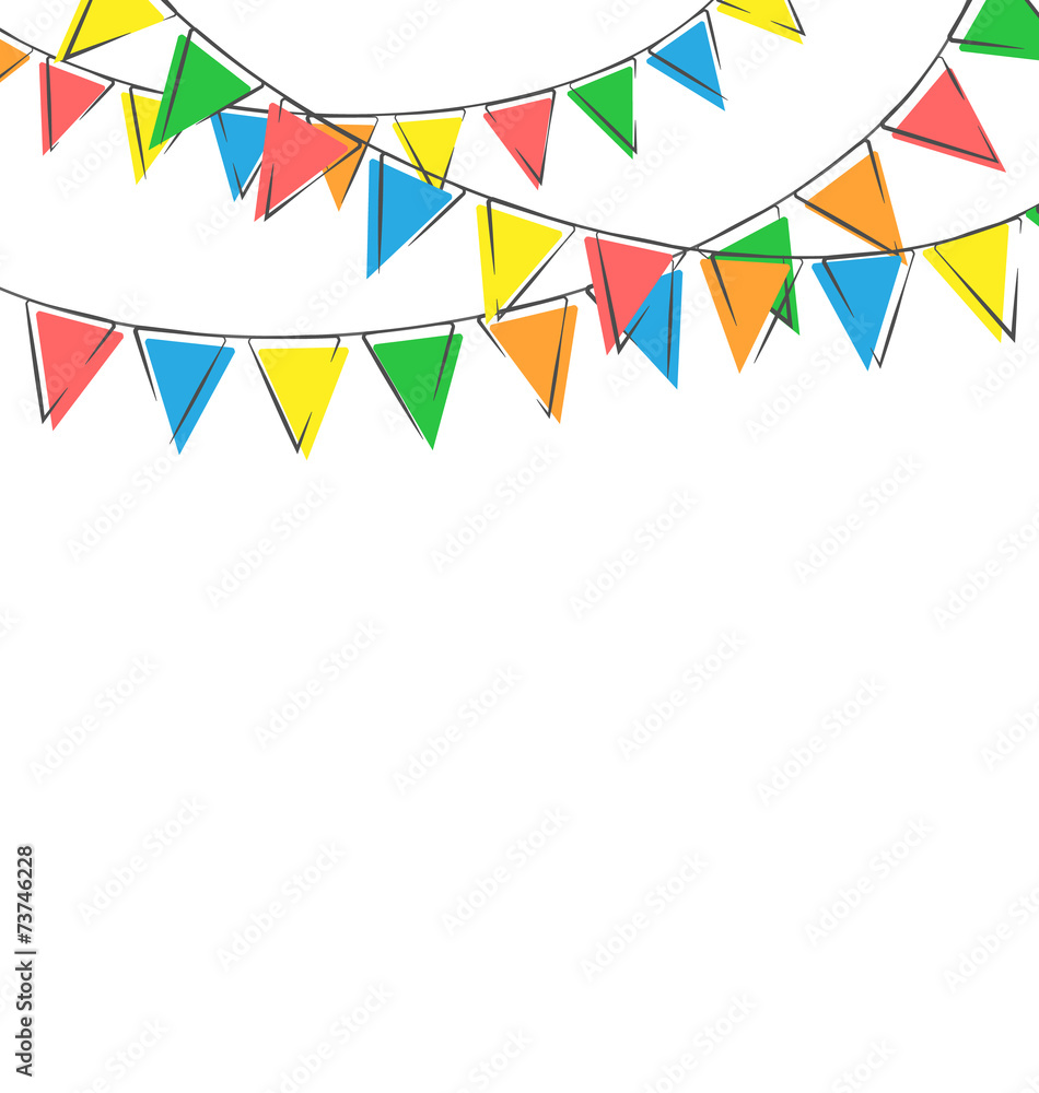 Multicolored bright hand-drawn buntings garlands isolated on whi Multicolored bright hand-drawn buntings garlands isolated on whi