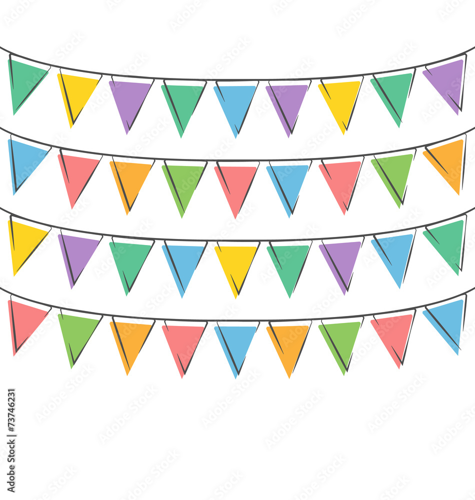 Multicolored bright hand-drawn buntings garlands isolated on whi Multicolored bright hand-drawn buntings garlands isolated on whi