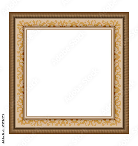 Single wooden frame with ornament isolated on white background