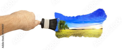 picture of yellow field and blue sky paint with a brush