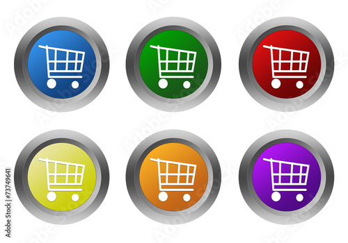Set of rounded colorful buttons with shopping cart symbol