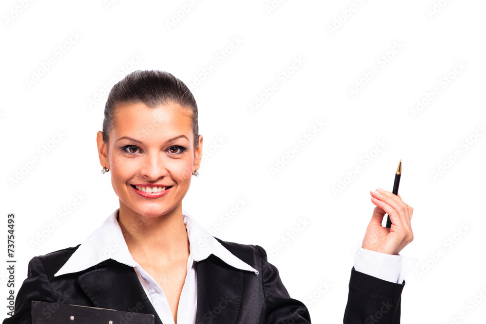 Happy young business woman showing blank signboard Happy young business woman showing blank signboard