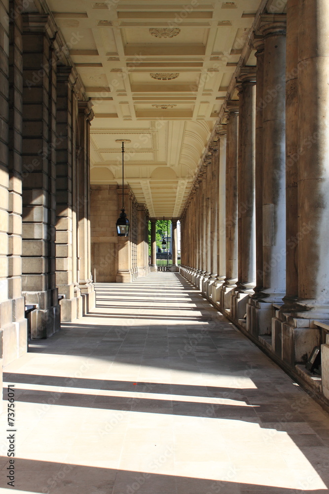 Colonnade of old Royal Naval College in Greenwich, UK