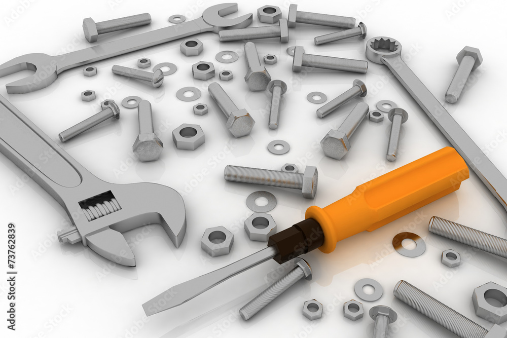 Bolts, nuts and pucks of different shapes and tools Bolts, nuts and pucks of different shapes and tools