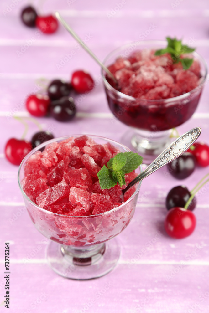 Closeup of cherry granita in glass bowls, Closeup of cherry granita in glass bowls,