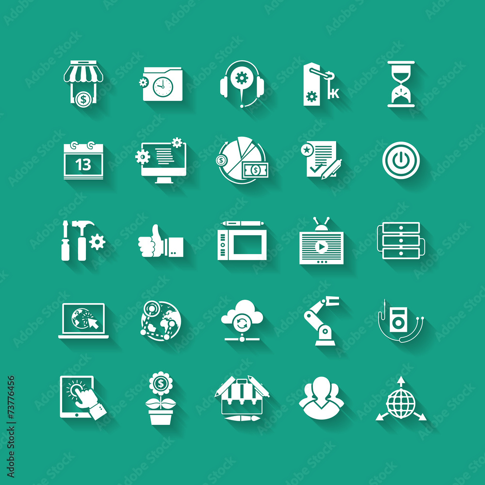 White flat icons set with long shadows. Business object, office White flat icons set with long shadows. Business object, office