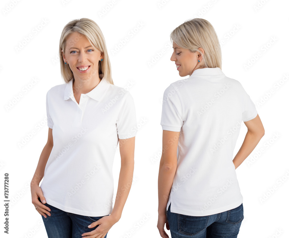 Woman wearing white polo shirt, front and back views Stock Photo