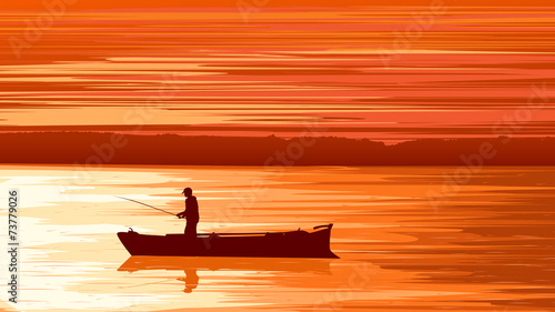 Vector fisherman against orange sunset.