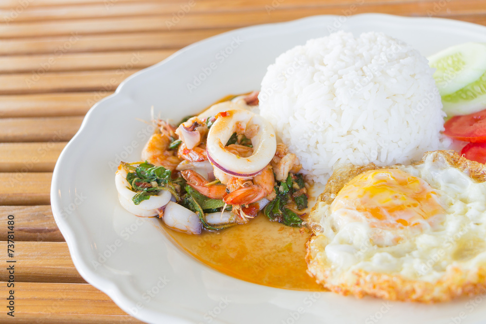 Seafood and Basil Stir Fry, Thai food Seafood and Basil Stir Fry, Thai food
