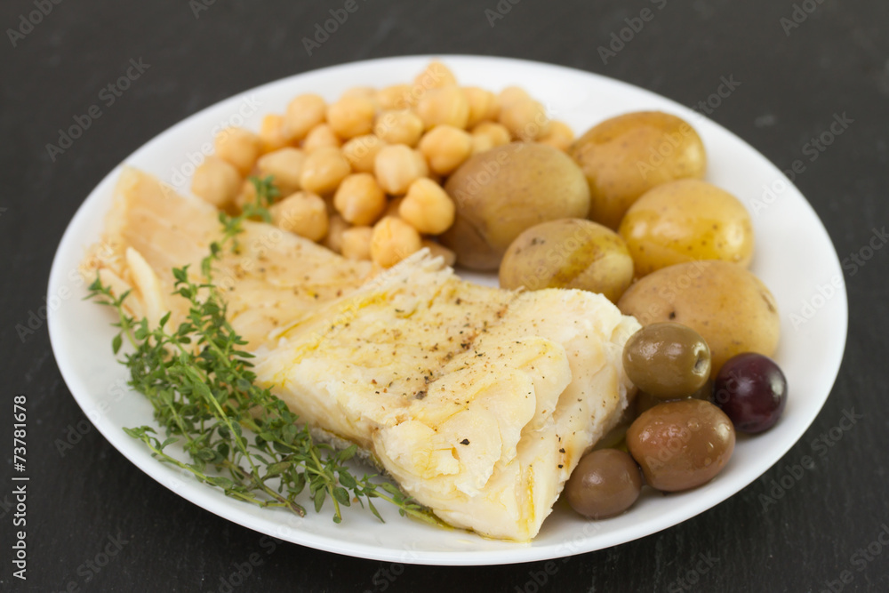 cod fish with chickpea and potato