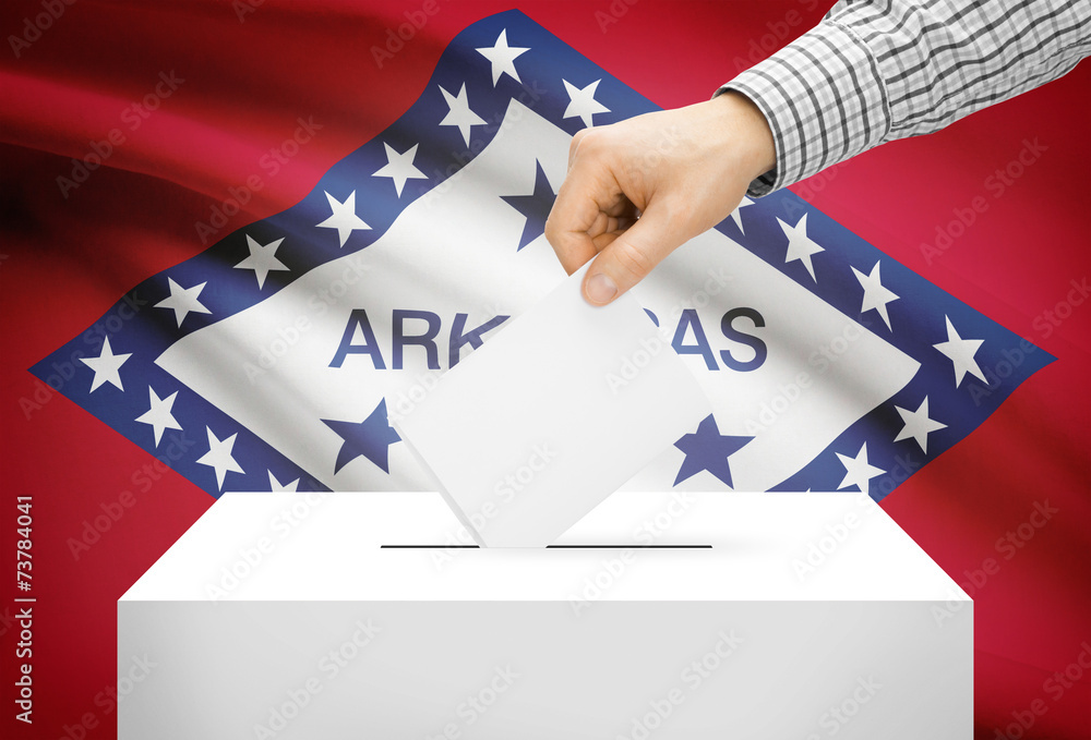 Fototapeta premium Ballot box with national flag on background - Arkansas