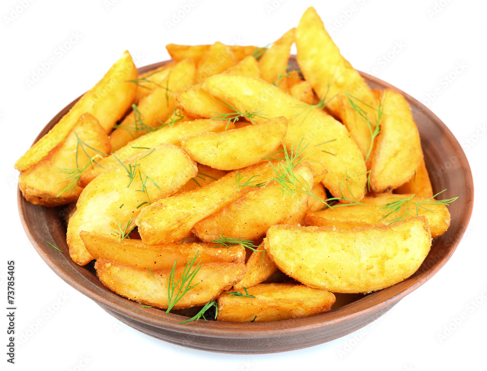 Homemade fried potato in bowl isolated on white Homemade fried potato in bowl isolated on white