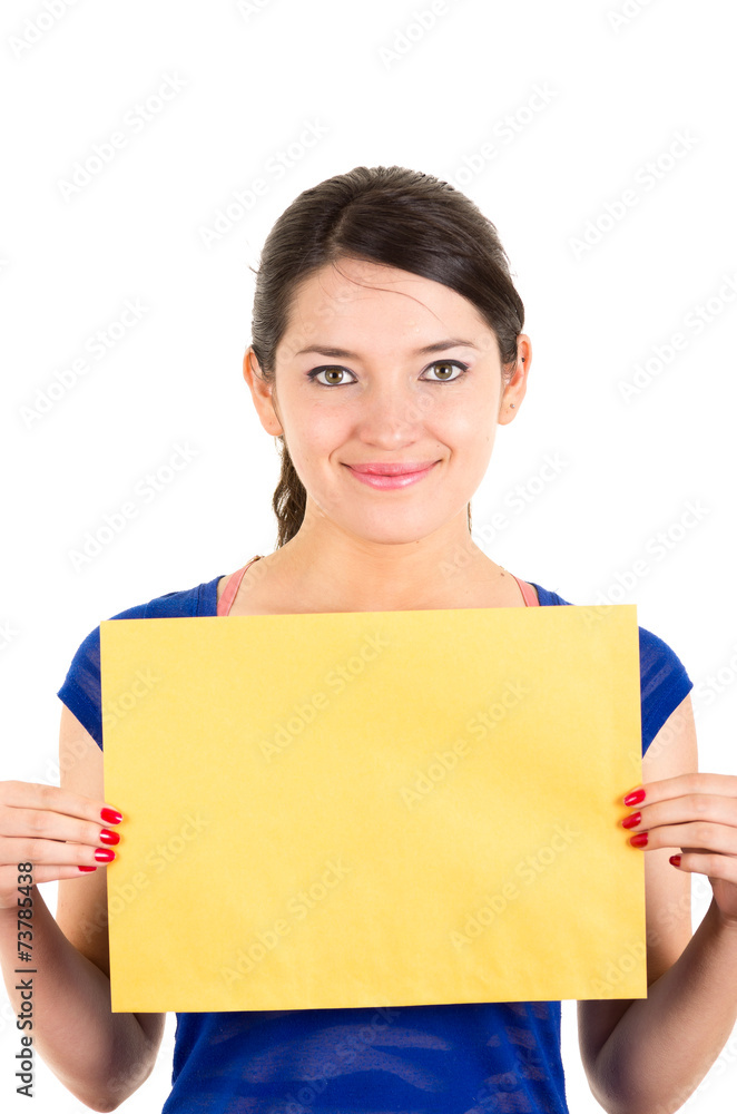 beautiful young woman holding yellow blank sign card beautiful young woman holding yellow blank sign card