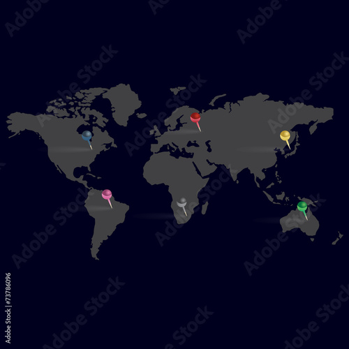 dark simple map of world with color pins eps10