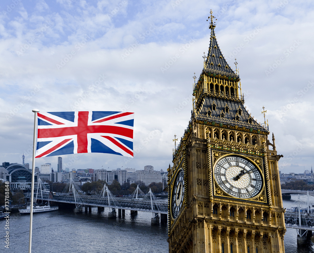London Composing Big Ben, Themse und Nationalflagge - obrazy, fototapety, plakaty 