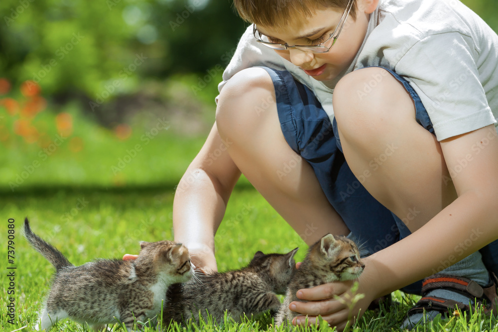 Happy little boy with a little cat Happy little boy with a little cat