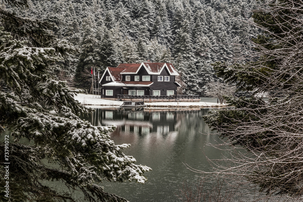 Obraz premium a small house by lake with reflection in winter
