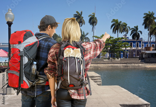 Sticker Cuple arriving at tropical resort