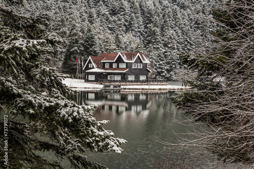 Fototapeta Naklejka Na Ścianę i Meble -  a small house by lake with reflection in winter