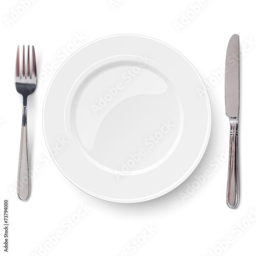 Empty plate with knife and fork isolated on a white