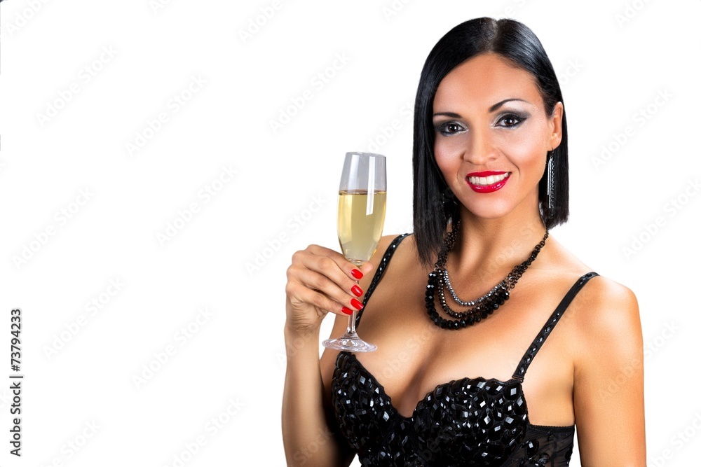 Beautiful black hair woman holding glass of champagne Beautiful black hair woman holding glass of champagne
