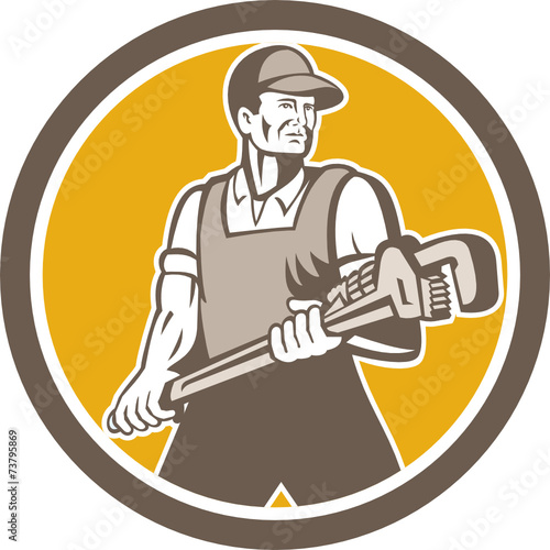 Plumber Holding Giant Wrench Retro Circle