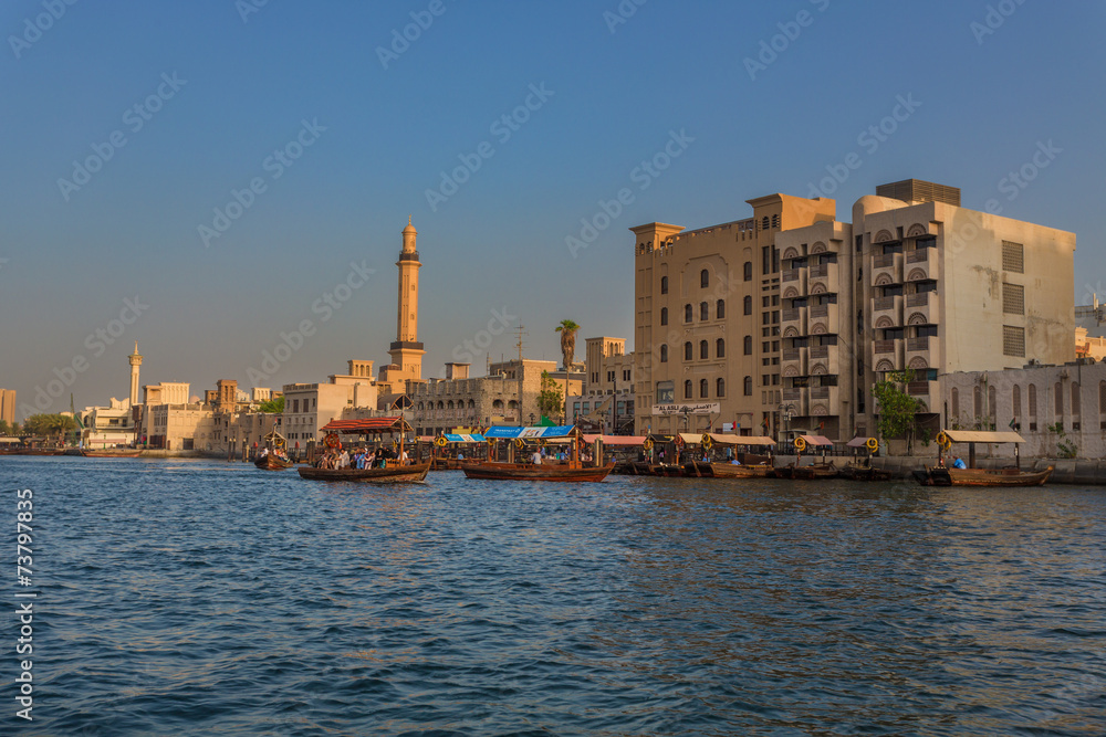 DUBAI, UAE - OCTOBER 18: Boats on the Bay Creek in Dubai, UAE Oc