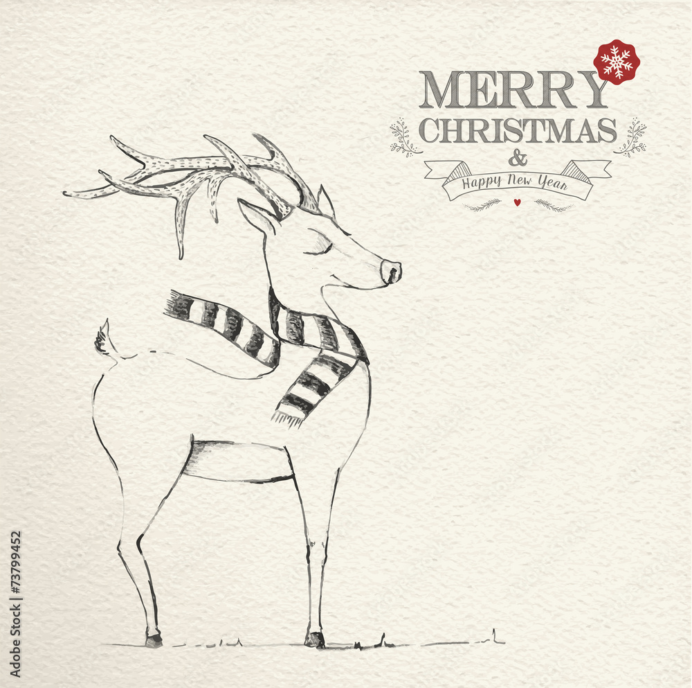 Fototapeta premium Christmas hand drawn unique reindeer illustration