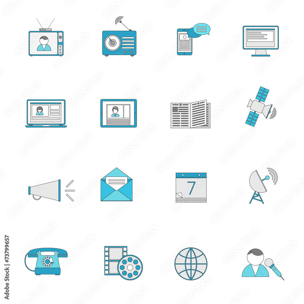 Media icons flat line set