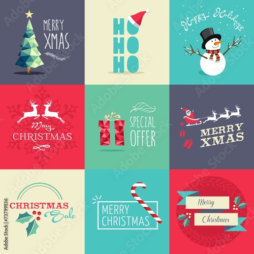 Merry Christmas flat elements illustration set