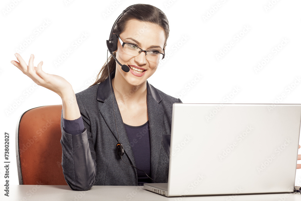 smiling girl with headset, happily talking with someone smiling girl with headset, happily talking with someone