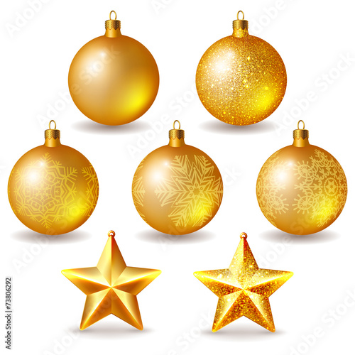 Set of golden Christmas balls and stars isolated on white