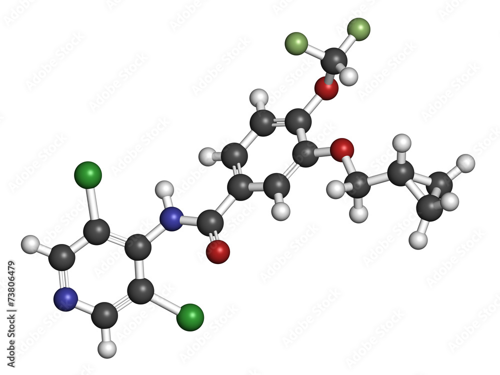 Roflumilast COPD drug molecule (PDE4 inhibitor). Roflumilast COPD drug molecule (PDE4 inhibitor).