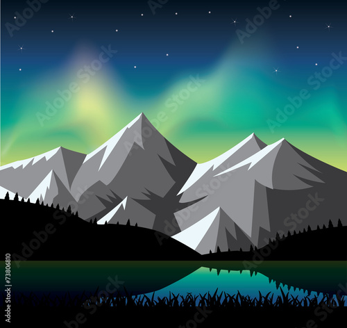 Northern light glowing over the snowy mountains