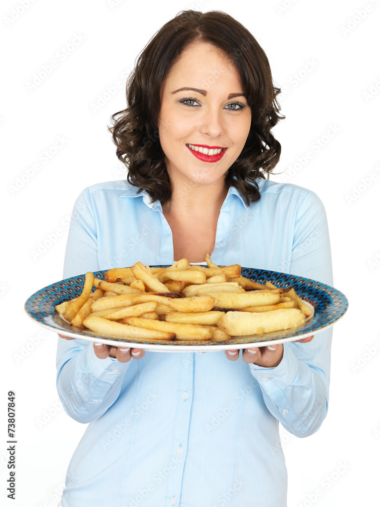 Young Woman Holding a Tray of Roast Parsnips Young Woman Holding a Tray of Roast Parsnips